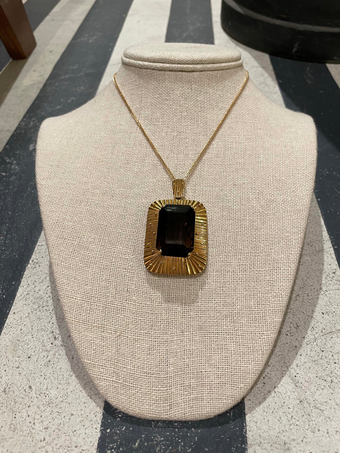 Mt. Modern vintage 18k yellow gold Pendant necklace with Smokey Quartz and 18k adjustable wheat chain - Alchemy Works